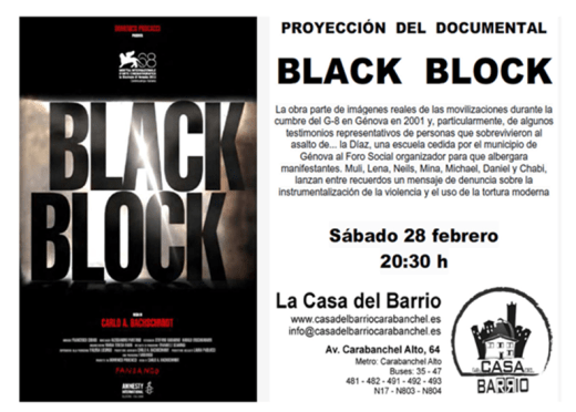 Proyección del documental Black Block en La Casa del Barrio el 28 de febrero