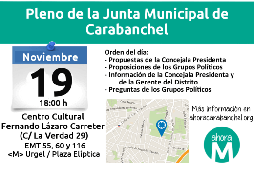 Pleno de la Junta Municipal de Carabanchel el 19 de noviembre en el C.C. Lázaro Carreter
