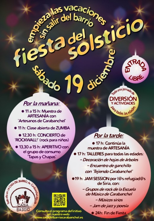 Fiesta del Solsticio el 19 de diciembre en La Casa del Barrio