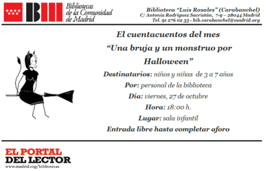 Cuentacuentos Una bruja y un monstruo por Hallowen el 27 de octubre en la biblioteca Luis Rosales